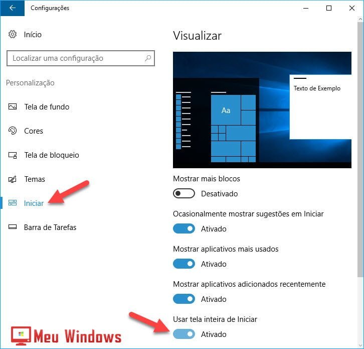 menu Iniciar em tela inteira no Windows 10