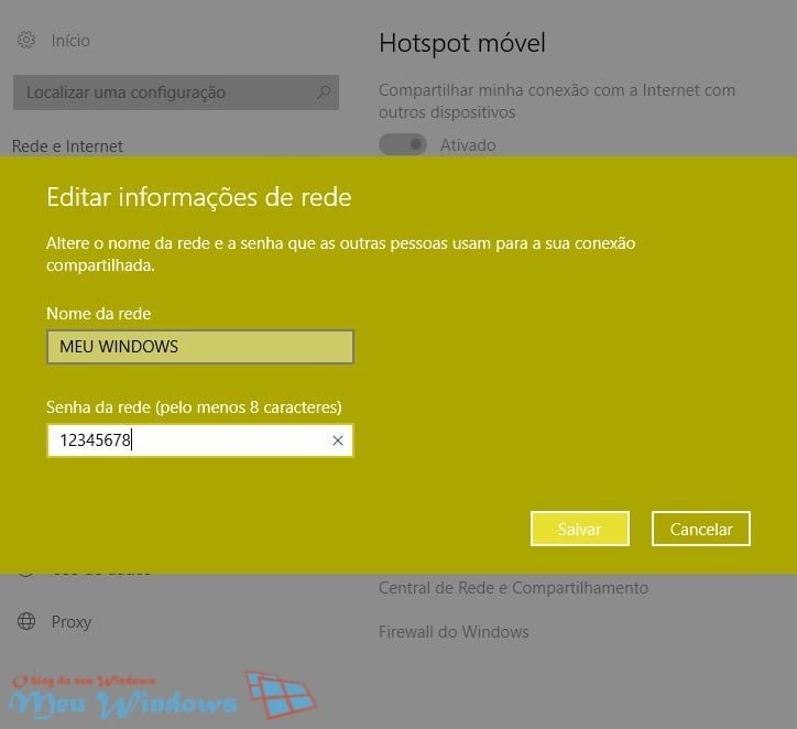 Hotspot móvel no Windows 10