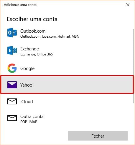 Conta Yahoo! no Windows 10