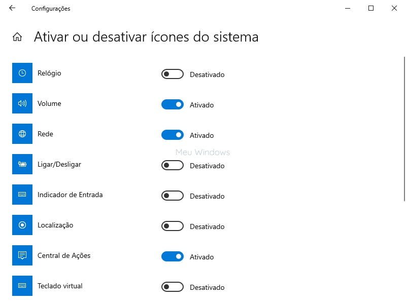Configurações para Ativar ou desativar ícones do sistema no Windows 10.