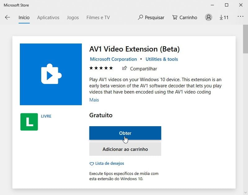 Baixando a extensão na Microsoft Store para reproduzir vídeos AV1 no Windows 10.
