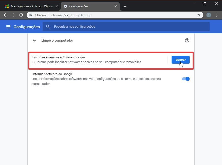 Usando o antivírus secreto do Google Chrome no Windows 10.