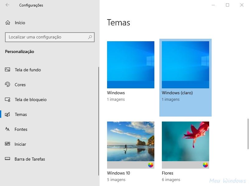Ativar o tema claro no Windows 10 usando as configurações de temas