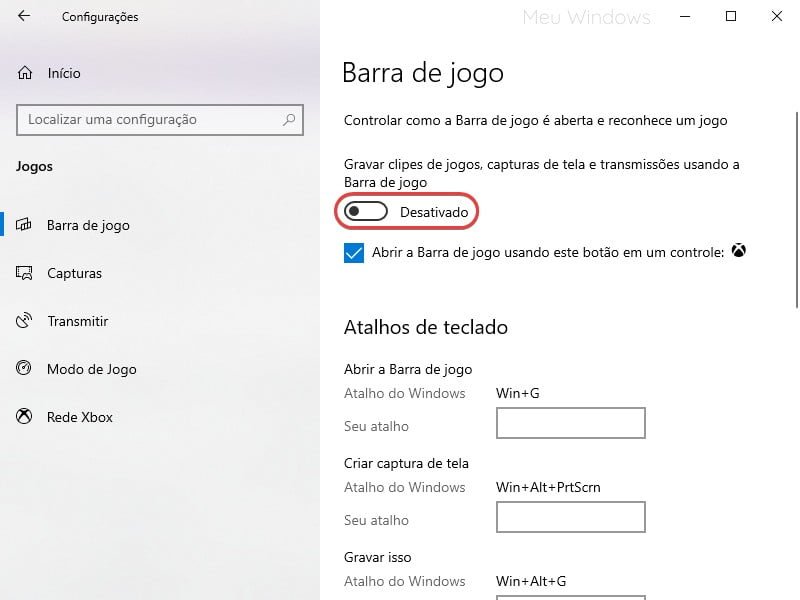 Captura de tela de como desativar a Barra de jogo no Windows 10