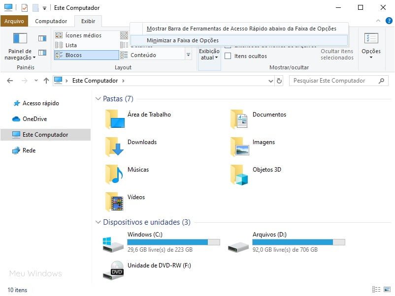 Mostrar ou ocultar a Faixa de Opções no Explorador de Arquivos do Windows 10.