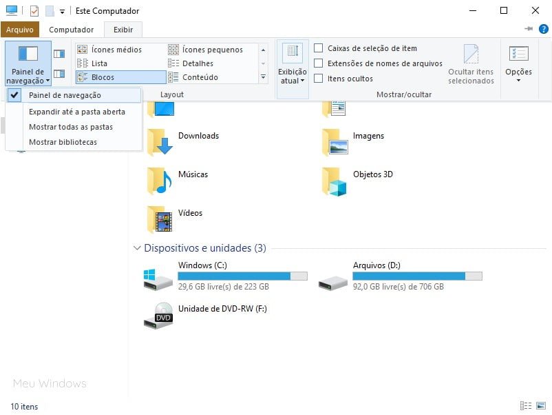 Mostrar ou ocultar o Painel de navegação no Explorador de Arquivos do Windows 10.