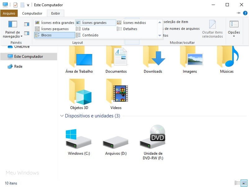 Alterar o modo de exibição no Explorador de Arquivos do Windows 10.