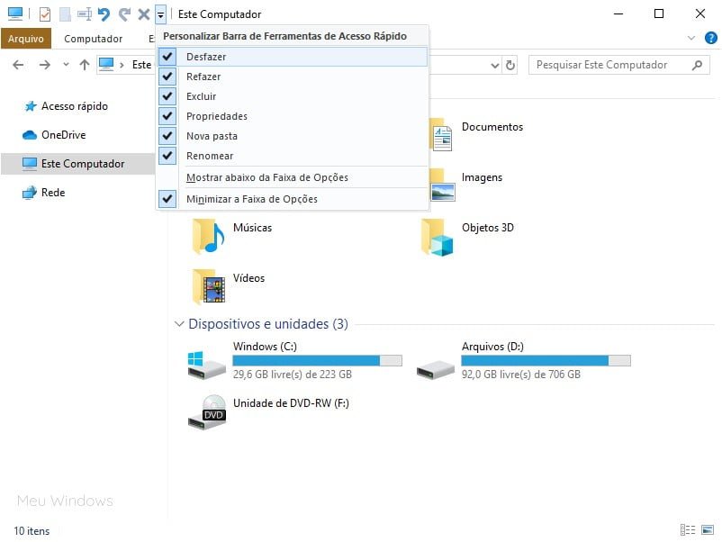Barra de Ferramentas de Acesso Rápido no Explorador de Arquivos do Windows 10.