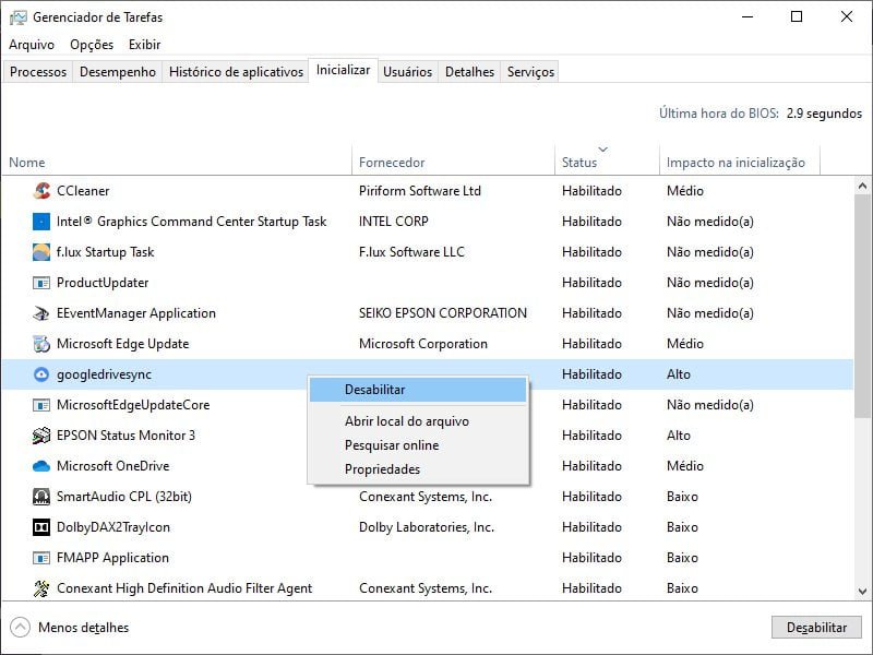 Desativar aplicativos que iniciam com o Windows 10 usando o Gerenciador de Tarefas.