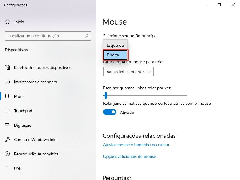 Selecionando a opção Direta como botão principal do mouse no Windows 10.