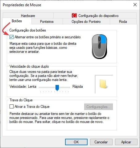 Marque a opção Alternar entre os botões primário e secundário para configurar o mouse para canhoto no Windows 10.