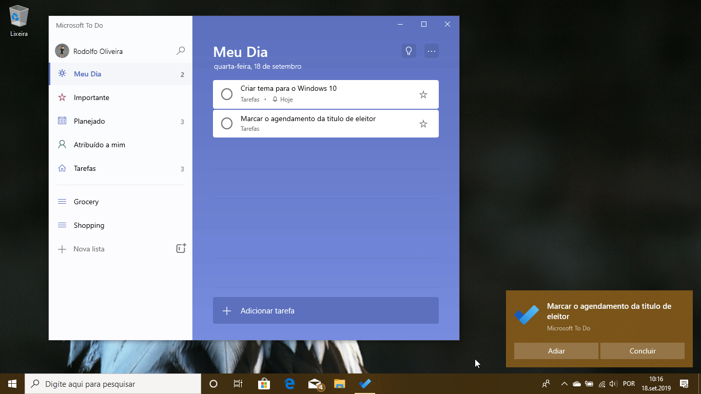 Cortana mostrando lembrete do Microsoft To Do.