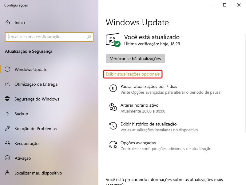 No Windows Update, clique no link Exibir atualizações opcionais.