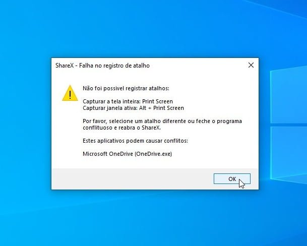 Aviso de "falha no registro de atalho" ao iniciar o Windows.